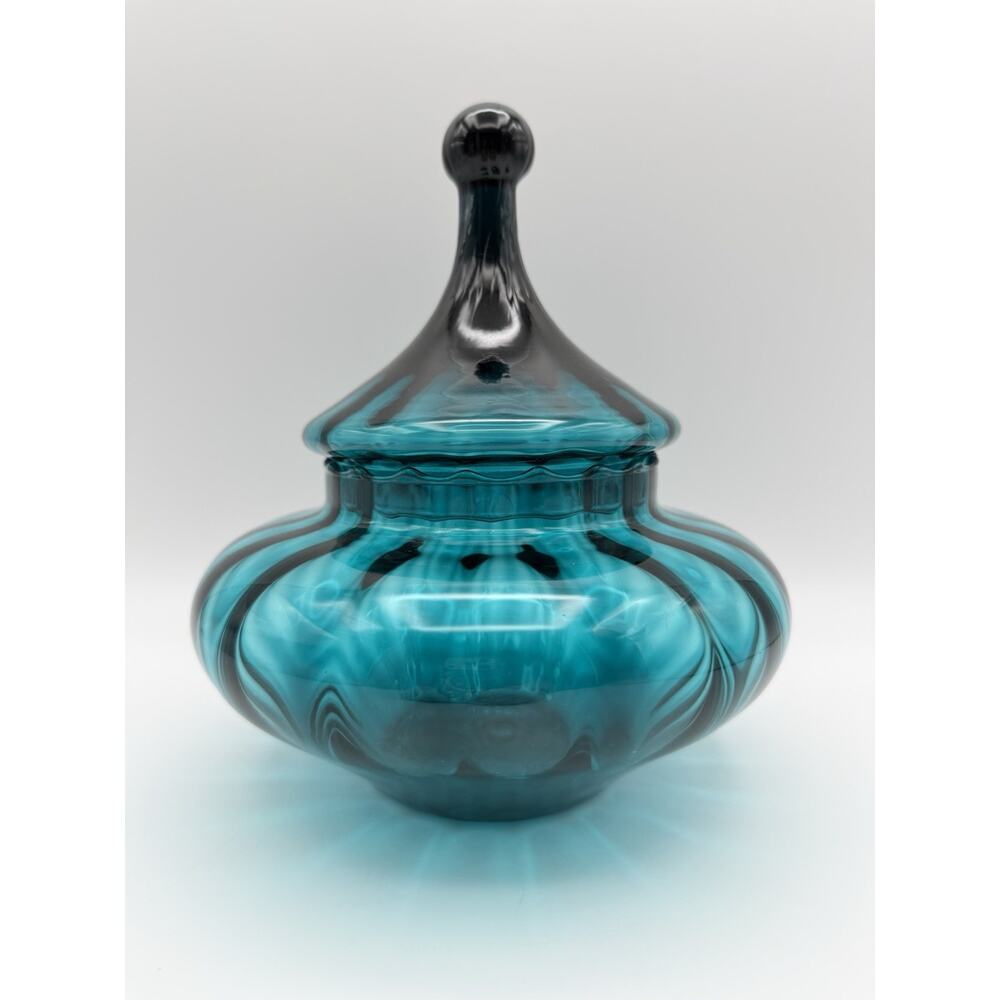 Empoli Peacock Blue Glass Apothecary Jar Candy Dish 8” Circus Tent Lid MCM Italy